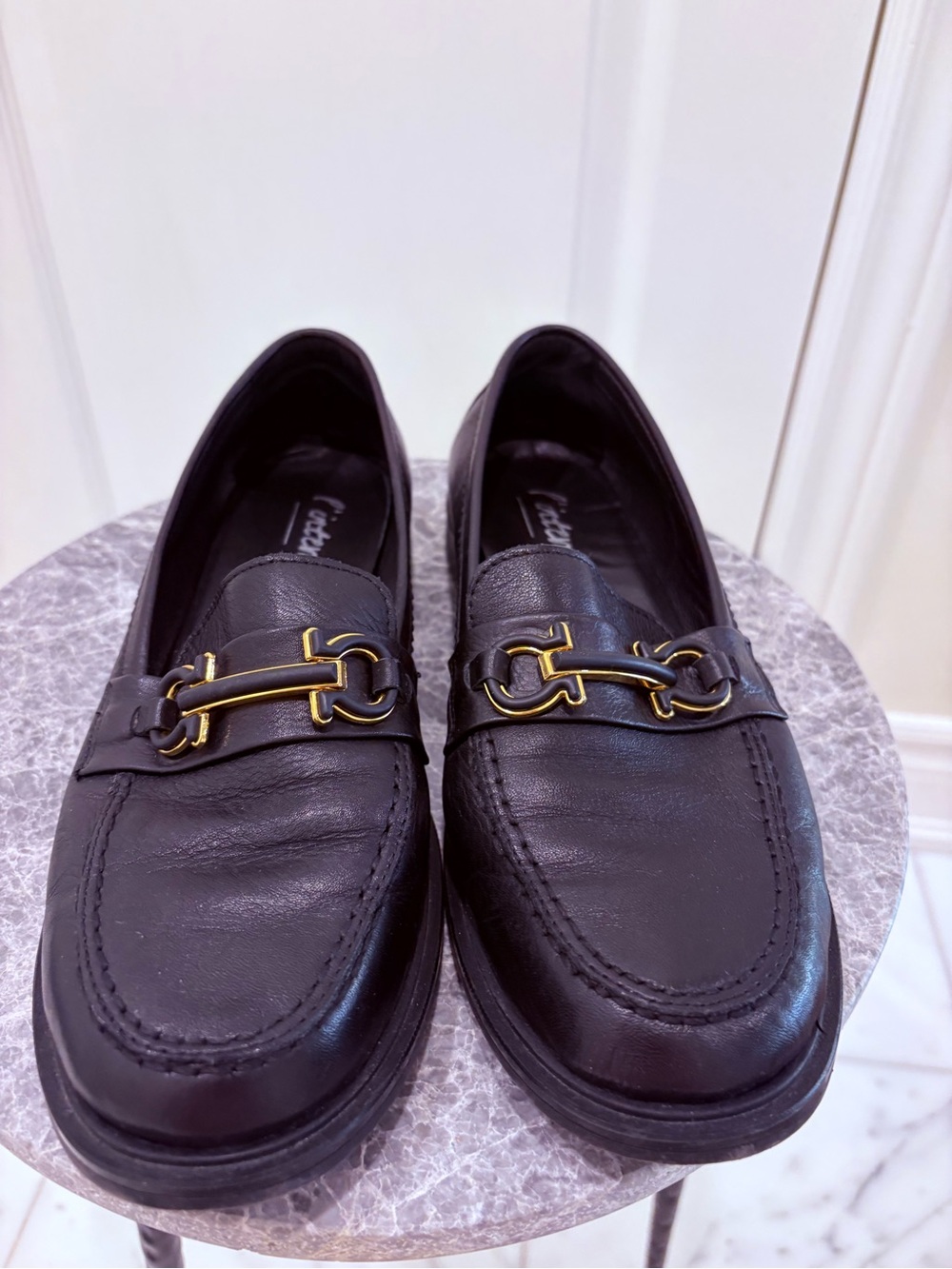 L'INTERVALLE Women’s Black Leather Loafers with Gold Bit Hardware